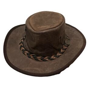 BARMAH Kangaroo Brown Leather Foldable Hat 50+ UV Water Resistant Outback Small